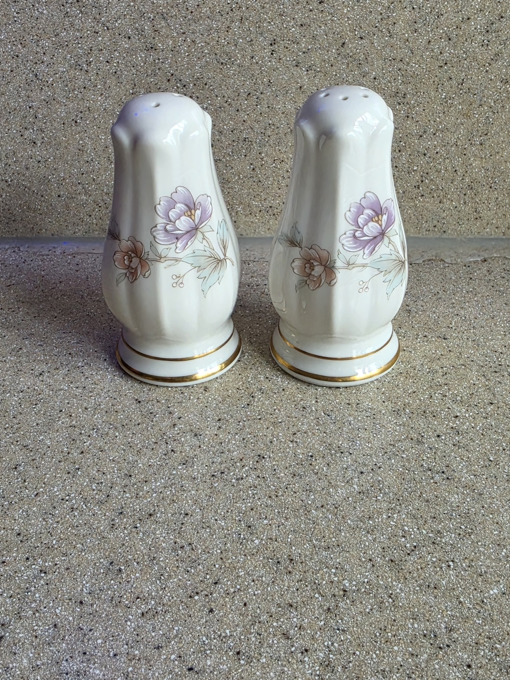 White Porcelain Floral Salt and Pepper Shaker Set with Gold Trim